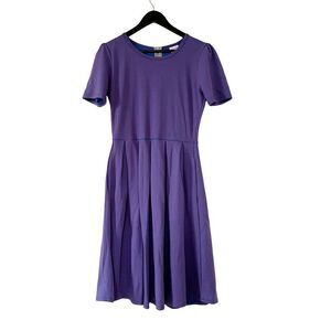 LulaRoe Amelia Red‎ Blue Shimmer Stripe Short Sleeve Fit & Flair Dress